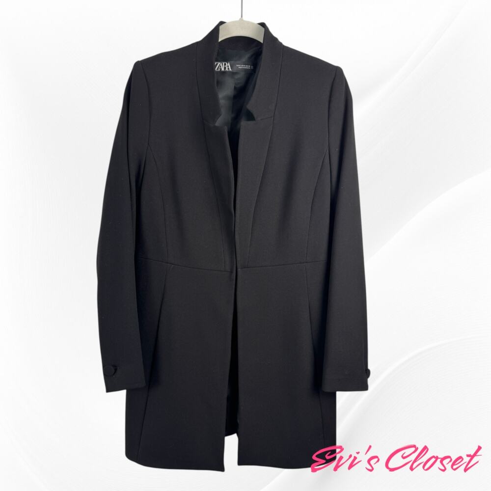 Zara Basic Women’s Black Longline Blazer Jacket Sz M Inverted Lapel Collarless